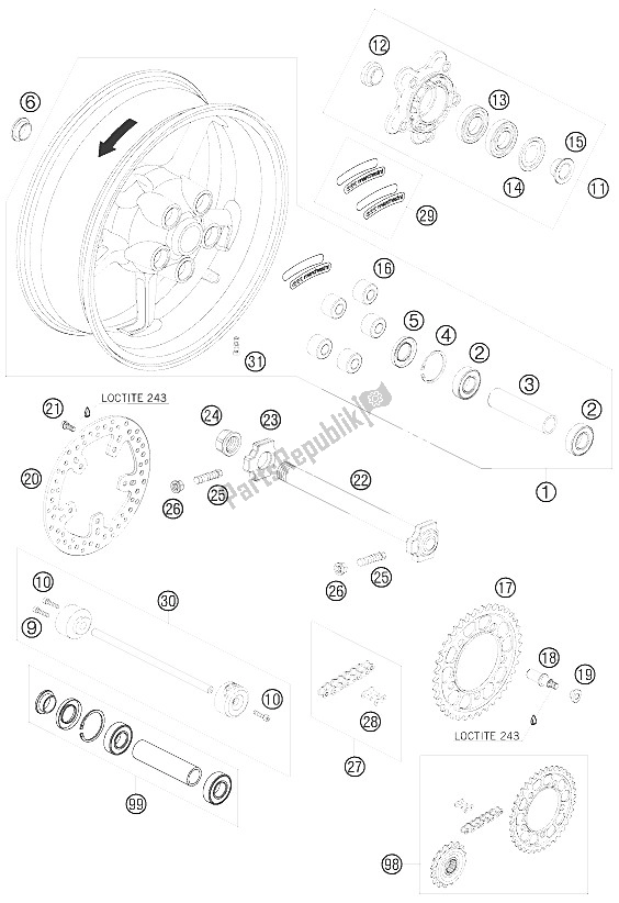 All parts for the Rear Wheel of the KTM 990 Super Duke R Europe 2009