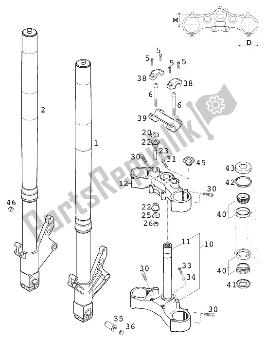 All parts for the Front Fork - Steering Stem Wp 640 Duke 20 of the KTM 640 Duke II Lime Europe 2000