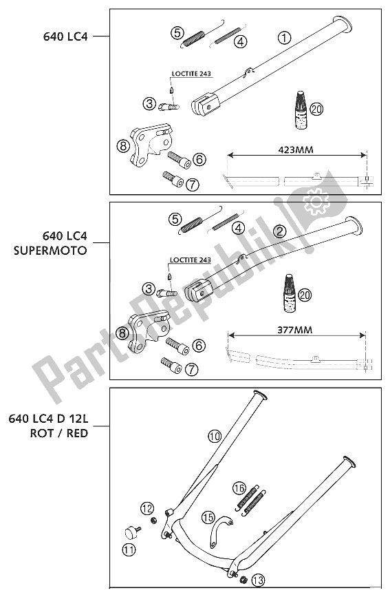 All parts for the Center-, Sidestand Lc4 2001 of the KTM 640 LC 4 E Orange 18L USA 2002