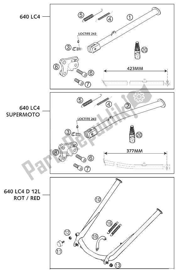 Todas as partes de Center-, Sidestand Lc4 2001 do KTM 640 LC4 E ROT Europe 972626 2002