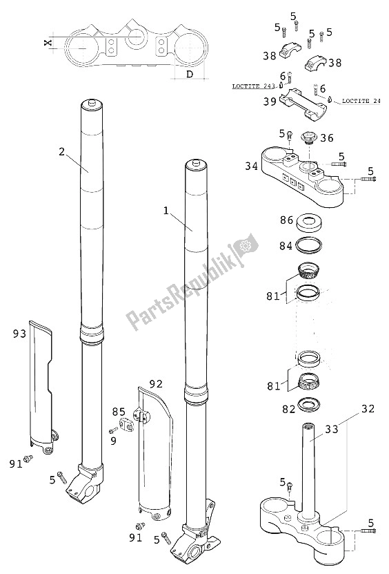 All parts for the Front Fork - Steering Stem Usdd43 Wp 250-380 2001 of the KTM 250 EXC SIX Days Europe 2001