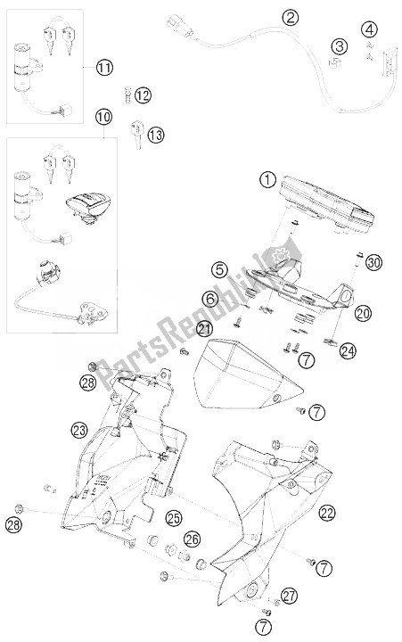 Alle onderdelen voor de Instrumenten / Sluitsysteem van de KTM 690 Duke Orange Europe 2010