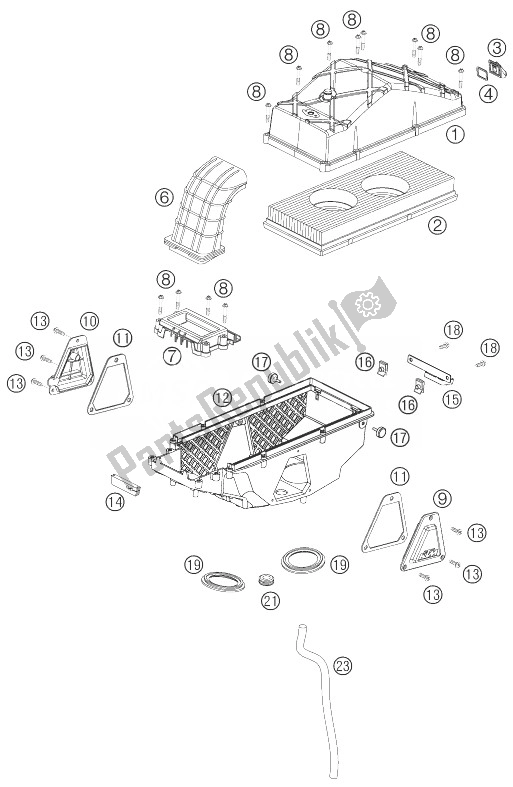 Alle onderdelen voor de Luchtfilterkast van de KTM 990 Adventure S Europe 2007