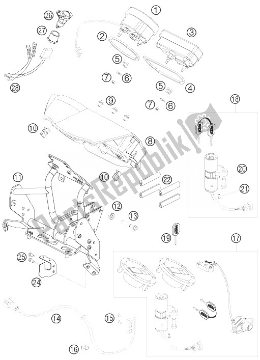 All parts for the Cockpit Support, Speedometer of the KTM 990 Adventure S Europe 2007