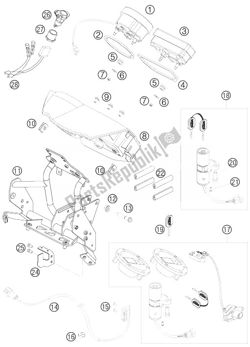 Alle onderdelen voor de Cockpitsteun, Snelheidsmeter van de KTM 990 Adventure S Europe 2007