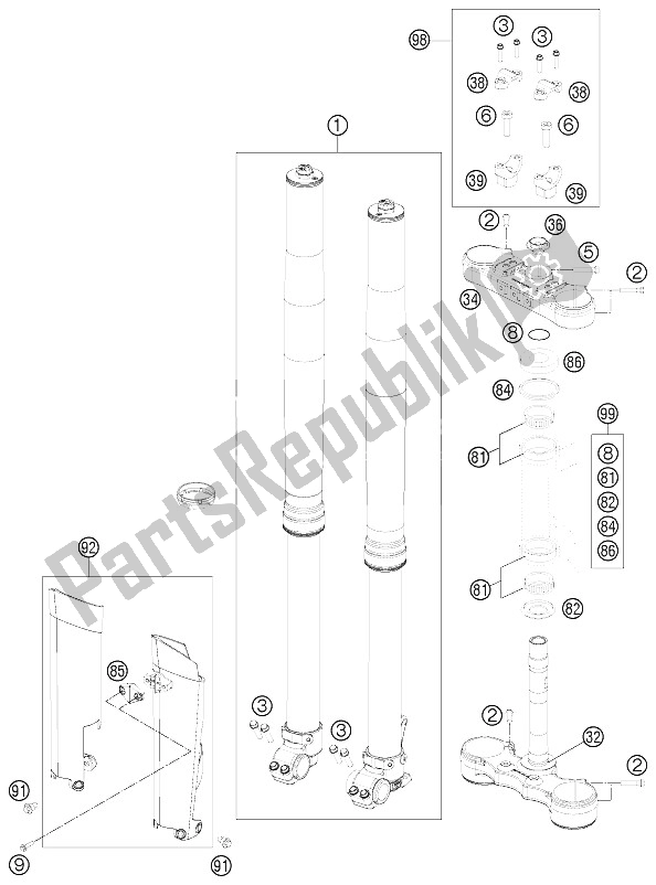 All parts for the Front Fork, Triple Clamp of the KTM 250 EXC F Europe 2012