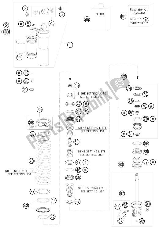 All parts for the Shock Absorber Disassembled of the KTM 250 EXC Europe 2009