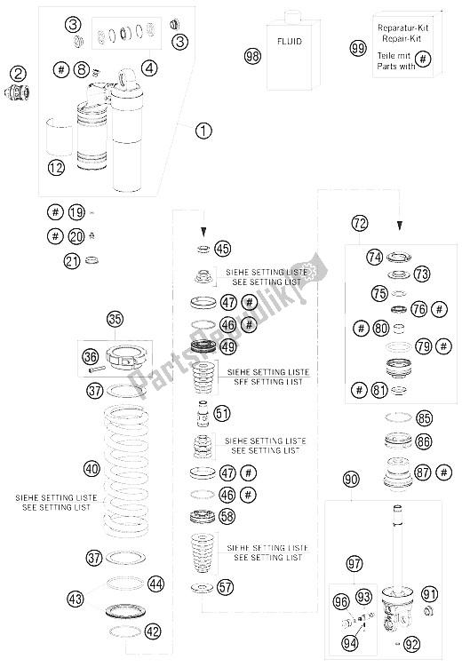 All parts for the Shock Absorber Disassembled of the KTM 530 XC W South Africa 2009