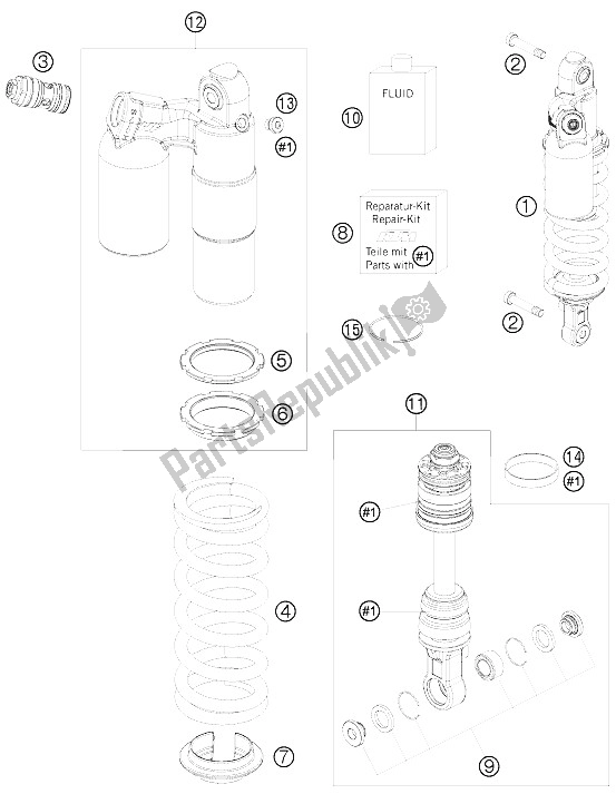 All parts for the Monoshock of the KTM 690 Duke Orange Europe 2008