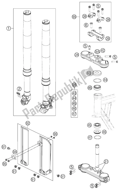 All parts for the Front Fork, Triple Clamp of the KTM 50 SX Europe 2014