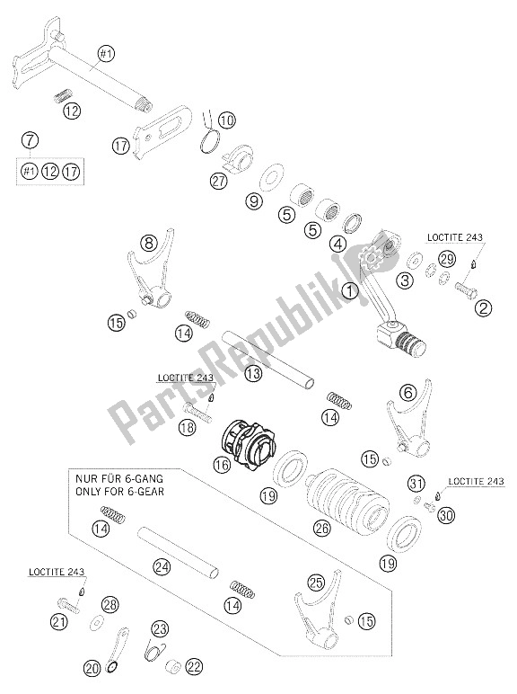 All parts for the Gear Change Mechanism 250-525 Racing of the KTM 250 EXC Factory Europe 2005