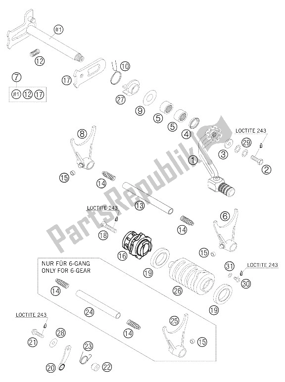 All parts for the Gear Change Mechanism 250-525 Racing of the KTM 250 EXC Racing Australia 2005