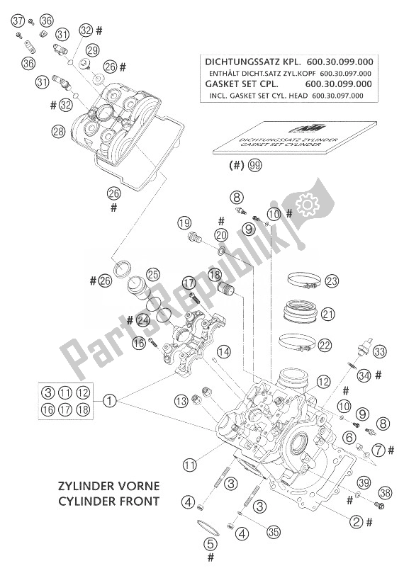 Tutte le parti per il Testata Anteriore Lc8 del KTM 950 Adventure S Orange Europe 2003