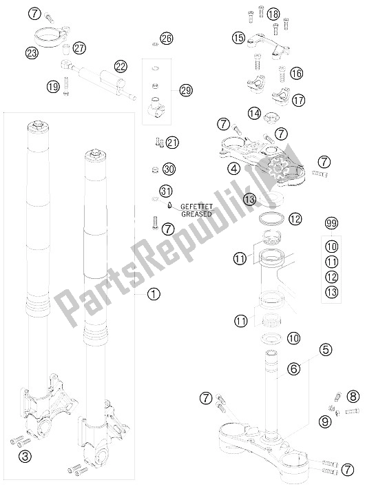 All parts for the Front Fork of the KTM 990 Super Duke R USA 2008