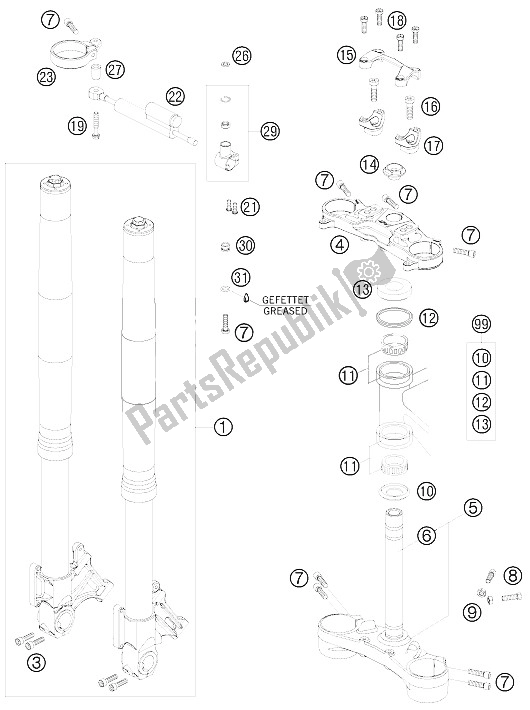 All parts for the Front Fork of the KTM 990 Super Duke R USA 2009
