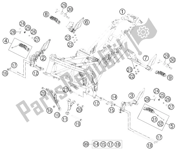 Alle onderdelen voor de Kader van de KTM 200 Duke Orange W O ABS CKD 13 Argentina 2013