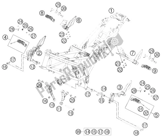 All parts for the Frame of the KTM 200 Duke White W O ABS CKD 13 Argentina 2013