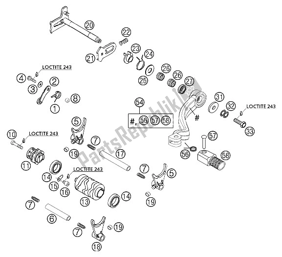 All parts for the Shift Mechanism 250/300/380 of the KTM 250 SX Europe 2002