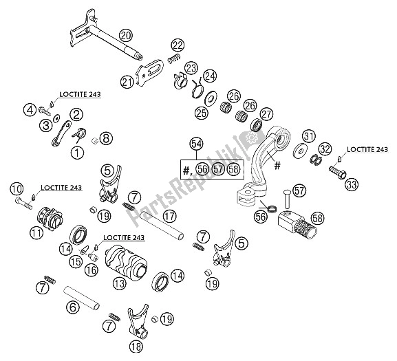 All parts for the Shift Mechanism 250/300/380 of the KTM 300 EXC Europe 2002