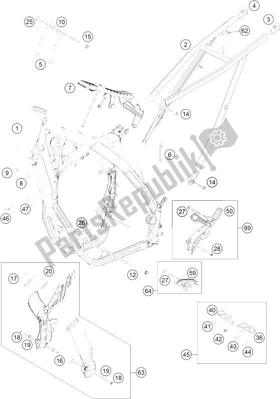 All parts for the Frame of the KTM 250 EXC F CKD Brazil 2016