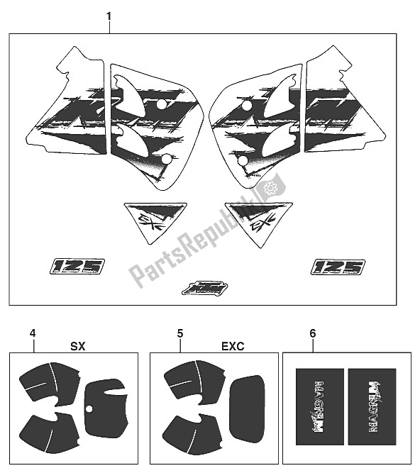 Alle onderdelen voor de Sticker Set 125 '96 van de KTM 125 EGS M ö 6 KW Europe 1996