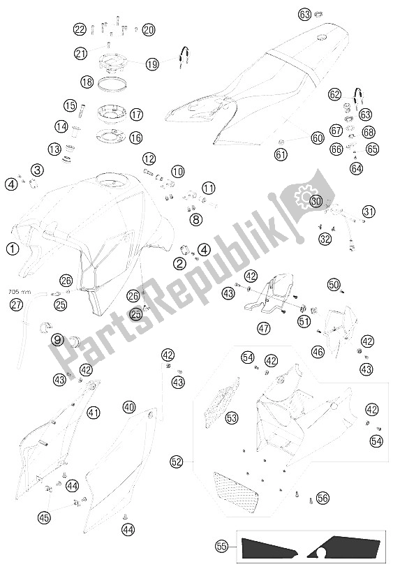 All parts for the Tank, Seat, Cover of the KTM 990 Super Duke Black Europe 2009