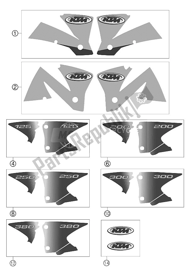 Tutte le parti per il Decalcomania 125-380 2002 del KTM 125 EXC Australia 2002