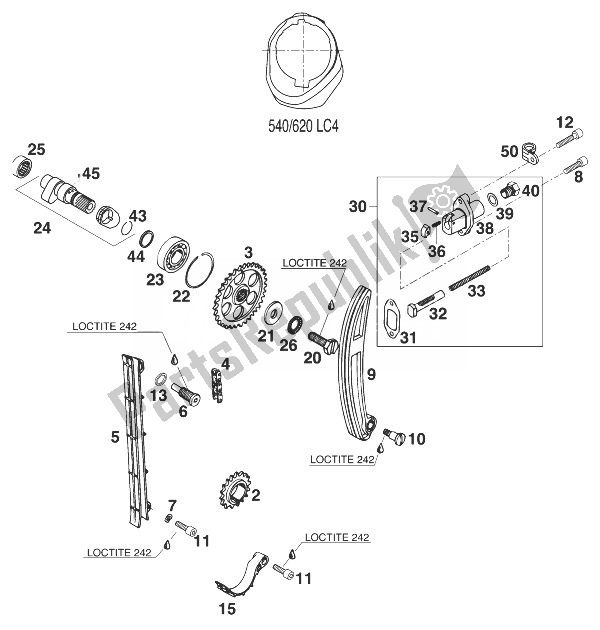 All parts for the Camshaft - Chain - Tensioner 620 Comp. '98 of the KTM 620 LC 4 Super Moto 99 Europe 1999