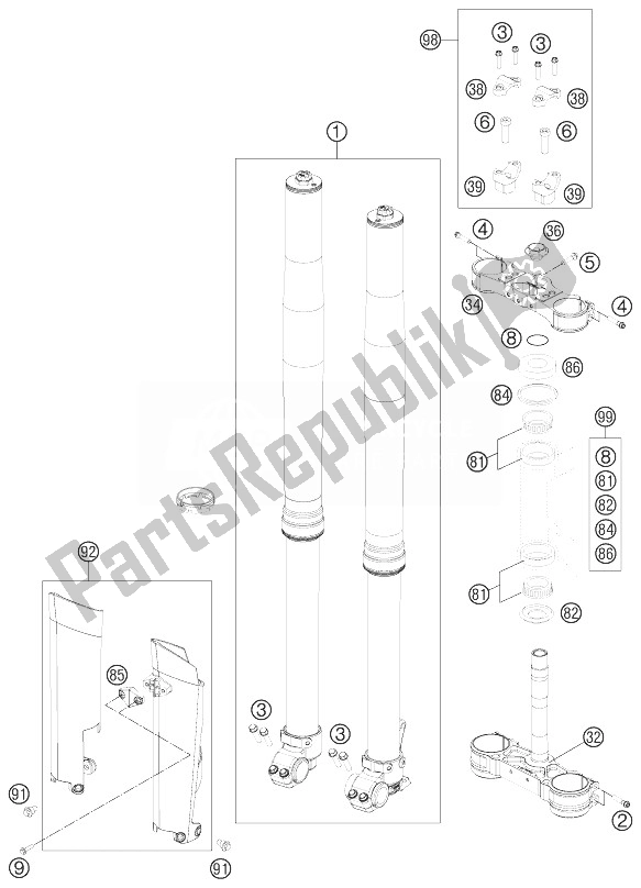 All parts for the Front Fork, Triple Clamp of the KTM 150 SX USA 2013 All parts for the Front Fork, Triple Clamp of the KTM 150 SX USA 2013