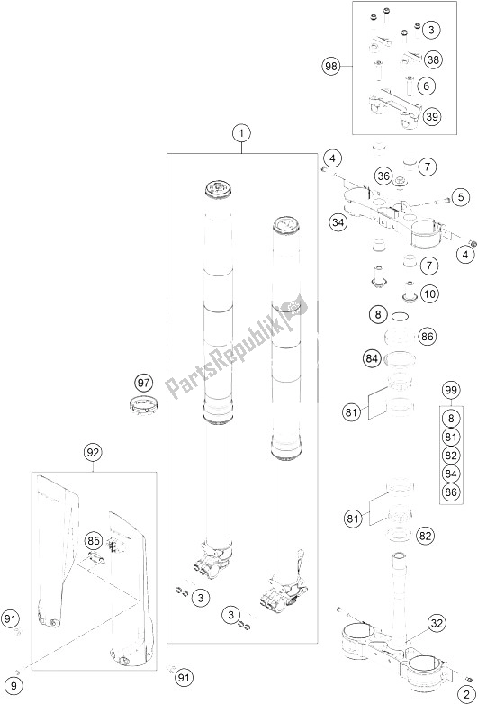All parts for the Front Fork, Triple Clamp of the KTM 450 SX F Factory Edition USA 2016