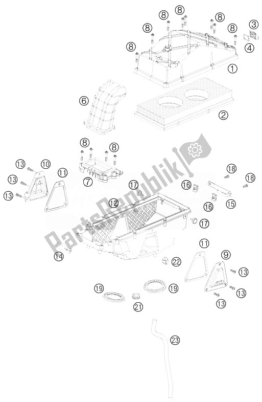 All parts for the Ait Filter Box of the KTM 990 Super Duke Orange France 2010