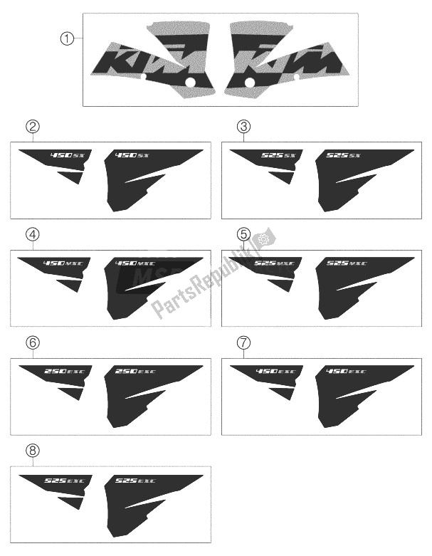 All parts for the Decal Racing of the KTM 250 EXC G Racing USA 2004