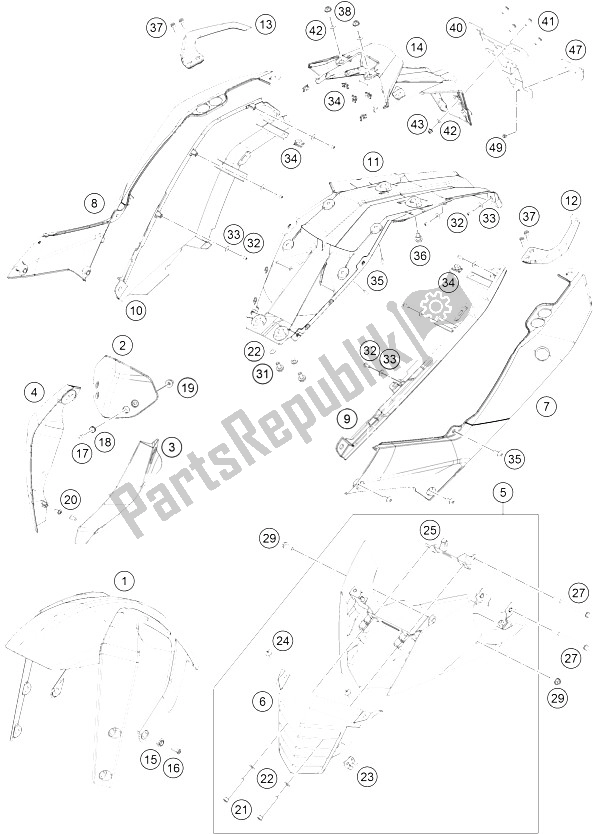 All parts for the Mask, Fenders of the KTM 200 Duke WH W O ABS CKD 15 Brazil 2015