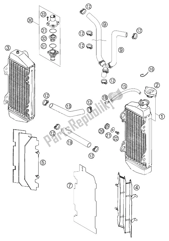 All parts for the Cooling System 125/200 Exc, Sx of the KTM 125 EXC USA 2000