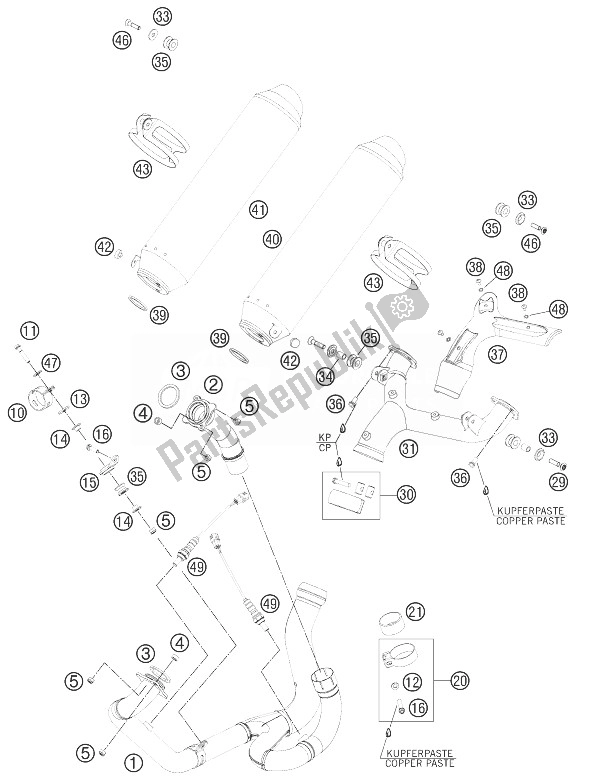 All parts for the Exhaust System of the KTM 990 Supermoto T Black ABS Europe 2013