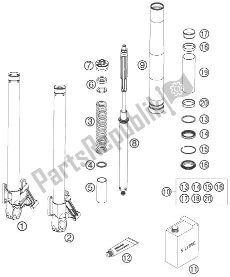 All parts for the Front Fork Disassembled of the KTM 990 Super Duke Anthrazit 07 France 2007