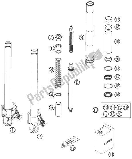 All parts for the Front Fork Disassembled of the KTM 990 Super Duke Orange Australia United Kingdom 2007