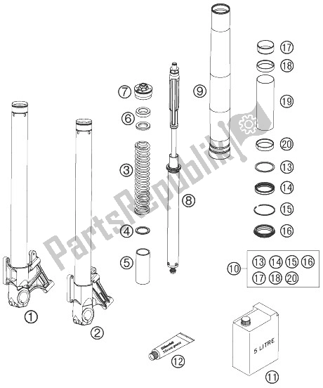 Tutte le parti per il Forcella Anteriore Smontata del KTM 990 Super Duke Orange Europe 2007