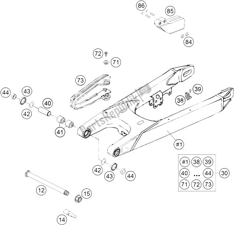 All parts for the Swing Arm of the KTM 450 Rallye Factory Repl Europe 2005