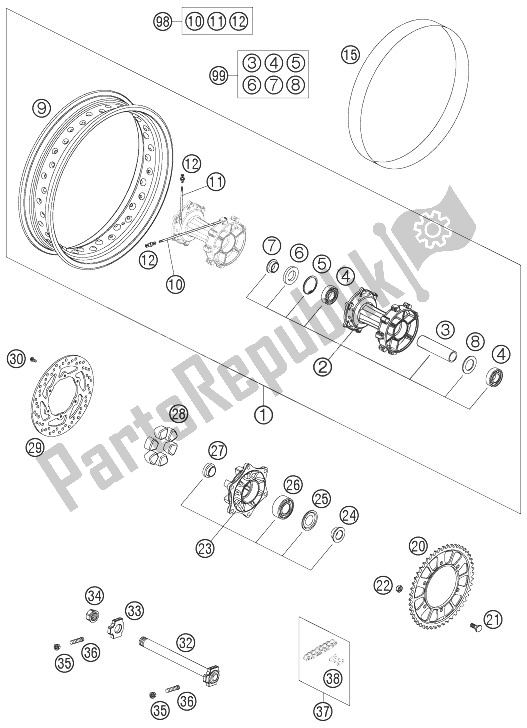 Todas as partes de Roda Traseira Lc8 do KTM 950 Adventure Orange LOW Europe 2004