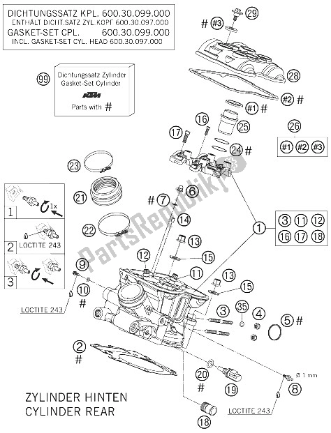 All parts for the Cylinder Head Rear of the KTM 990 Adventure Black ABS Australia United Kingdom 2006