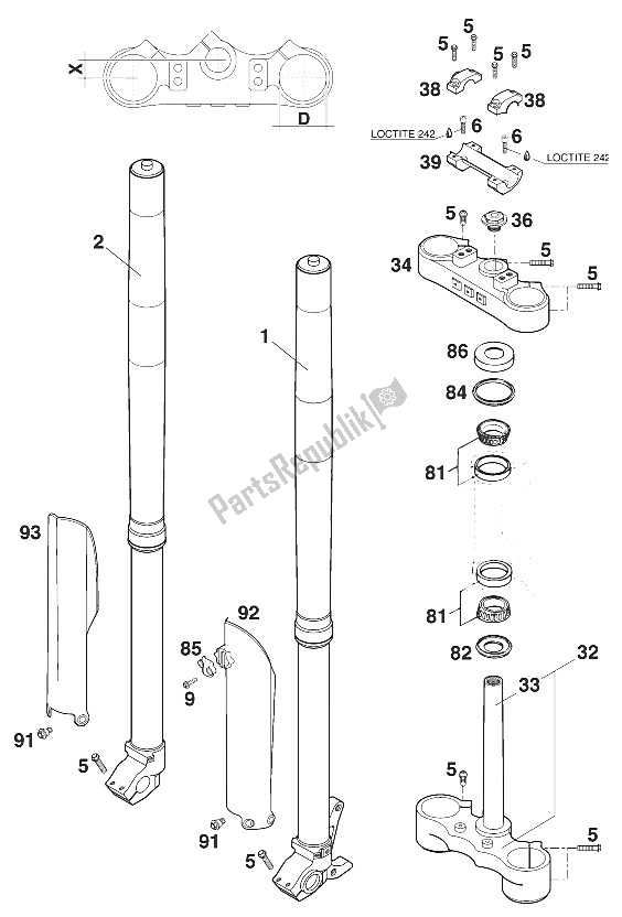 Tutte le parti per il Forcella Anteriore - Attacco Manubrio Usdd43 Wp 400/620 20 del KTM 620 SC Super Moto Europe 2000