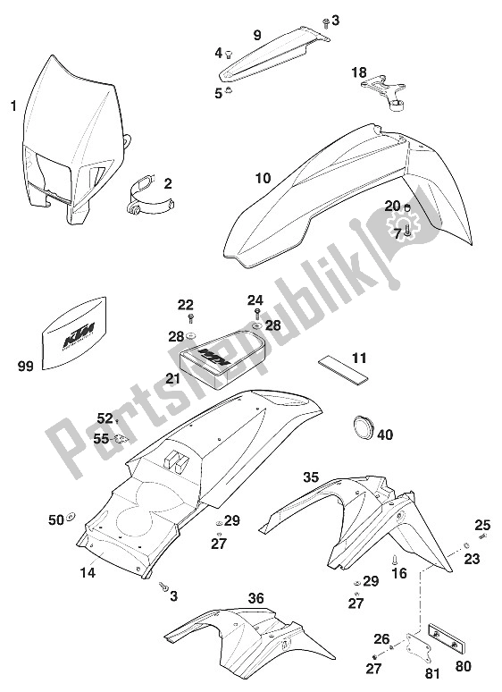 Alle onderdelen voor de Masker - Fender Sc 2000 van de KTM 620 SC Australia 2000