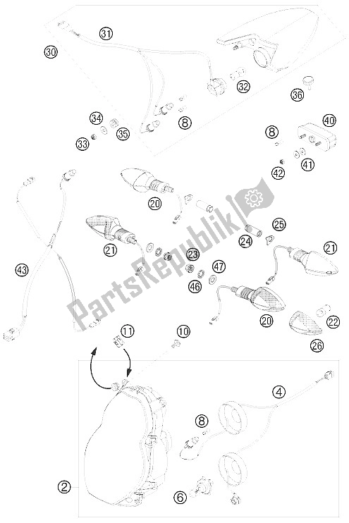 All parts for the Lighting System of the KTM 990 Super Duke Orange USA 2008