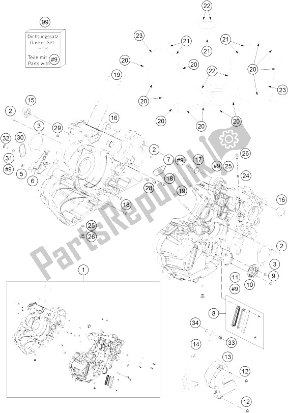 All parts for the Engine Case of the KTM 1190 ADV ABS Grey WES Europe 2013