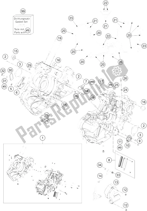 All parts for the Engine Case of the KTM 1190 ADV ABS Orange WES Europe 2013