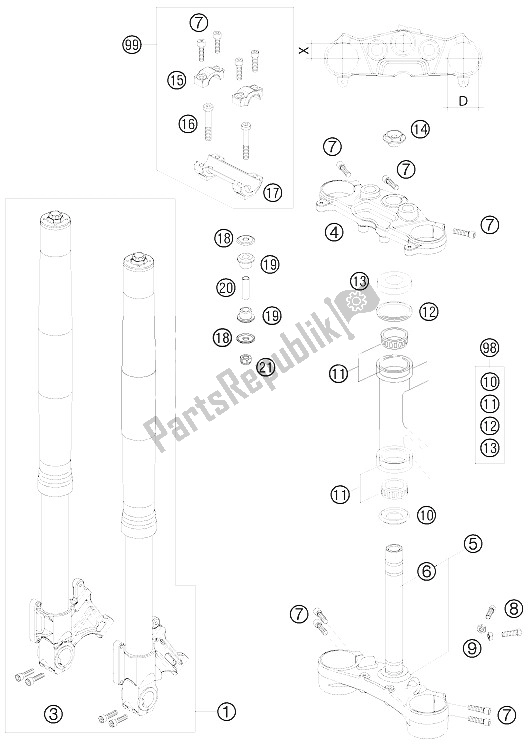 All parts for the Front Fork of the KTM 990 Super Duke Black Australia United Kingdom 2008