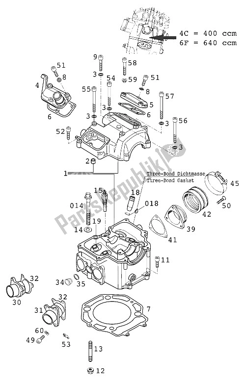 Alle onderdelen voor de Cilinderkop 400/640 Lc4-e van de KTM 400 LC4 E Europe 2001
