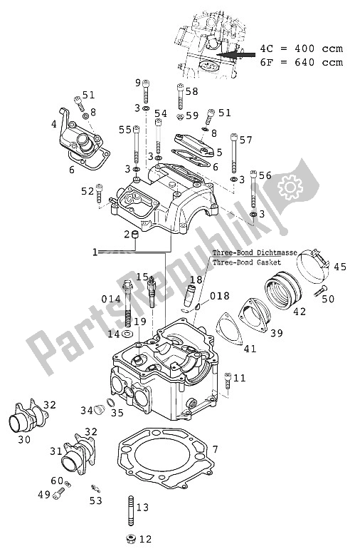 Alle onderdelen voor de Cilinderkop 400/640 Lc4-e van de KTM 400 LC4 E Europe 2001