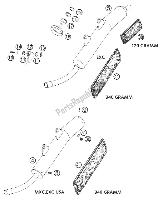 Tutte le parti per il Silenziatore Principale 200 2002 del KTM 200 EXC USA 2002